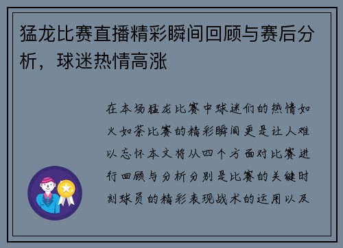 猛龙比赛直播精彩瞬间回顾与赛后分析，球迷热情高涨